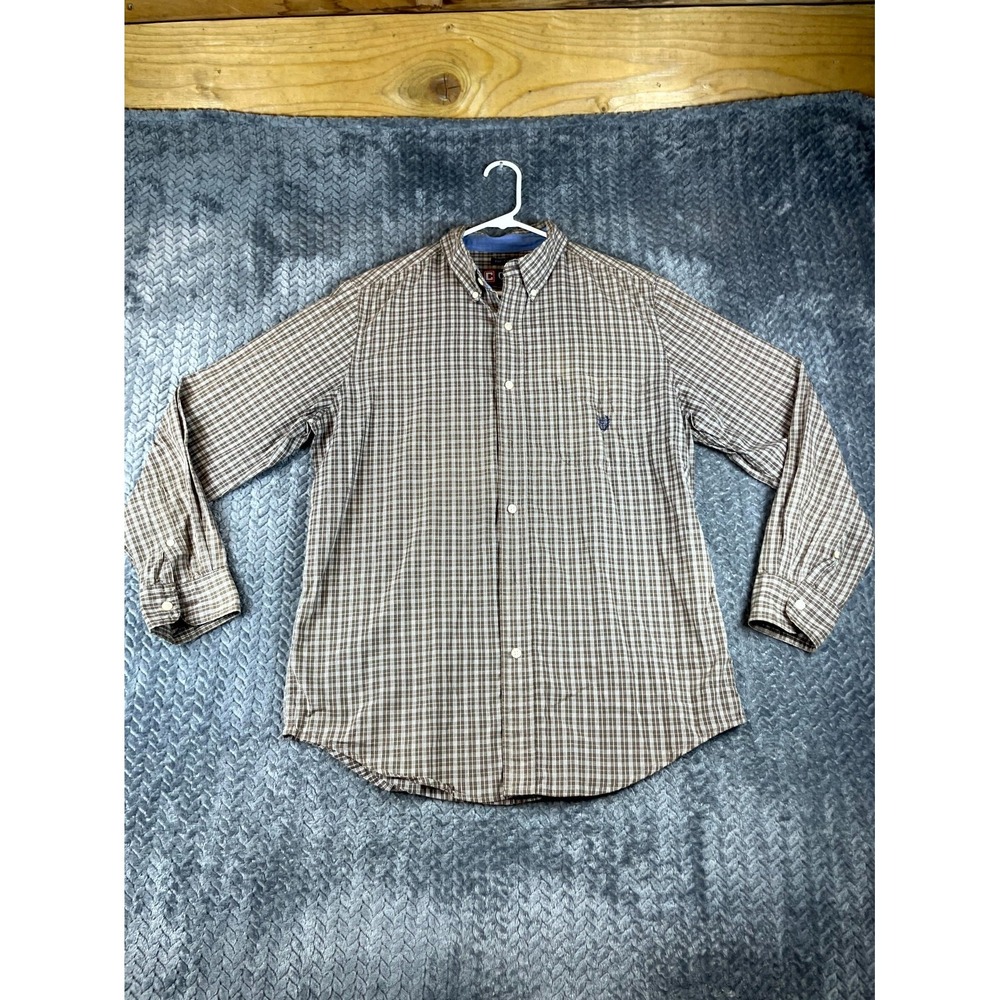 Chaps Easy Care Shirt Mens Medium Brown White Plaid Cotton Casual Button Down